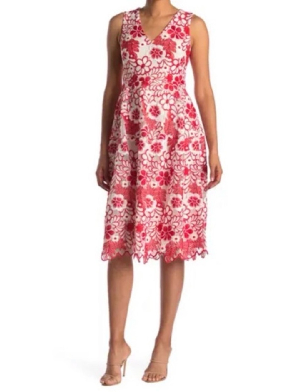 Red & White Floral Lace A-Line Scalloped Dress - Picture 7 of 8